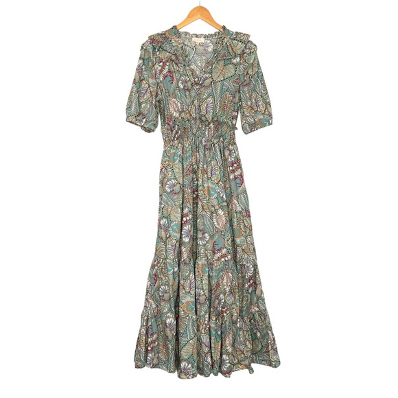 Melloday Womens Floral tropical Print Tiered Maxi Dress Sz Medium Green Ruffle - Picture 3 of 12